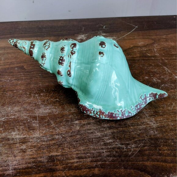 Ceramic Seashell Glazed Conch Shell Beach Ocean 10" Sea Green Sculpture Figurine